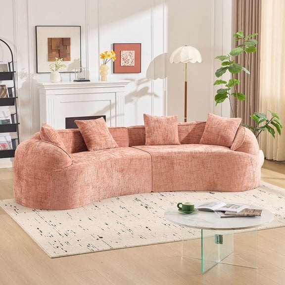 Villeston 109'' Modern Curved Sectional Sofa, Luxury Plush Chenille Upholstered Couch, Comfy Cloud Compressed Sofa with 4 Pillows for Living Room Apartment Office, No Assembly Needed, Pink