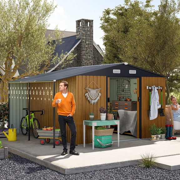 Villeston 10x12 Ft Outdoor Storage Shed with Lockable Doors, Windows, Outside Steel Tiny House Ideal for Garden, Backyard, Patio Utility, Tool Storage, Chicken Coops,Yellow