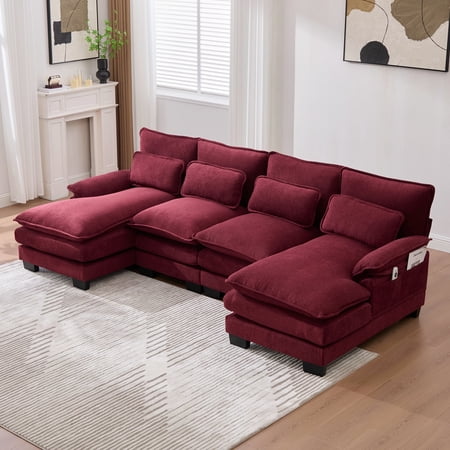 Villeston 110" U Shaped 4-Seat Chenille Sectional Sofa for Living Room, Modular Sofa Sleeper with Double Chaise & Memory Foam,Wine Red