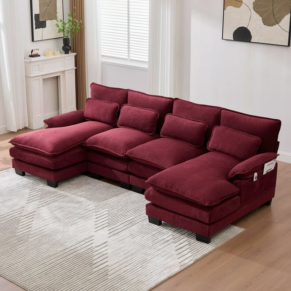 Villeston 110" U Shaped 4-Seat Chenille Sectional Sofa for Living Room, Modular Sofa Sleeper with Double Chaise & Memory Foam，Wine Red