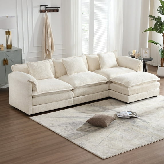 Villeston 112" Cloud Modular Sectional Sofa for Living Room, L-Shaped Cloud Sofa Couch with Chenille Fabric, 3 Seat Oversized Couch with Movable Ottoman, Beige