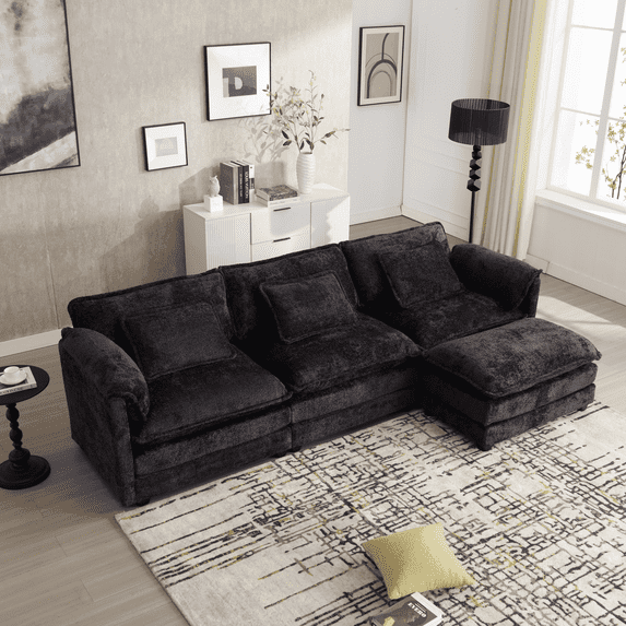 Villeston 112" Cloud Modular Sectional Sofa for Living Room, L-Shaped Cloud Sofa Couch with Chenille Fabric, 3 Seat Oversized Couch with Movable Ottoman,Black