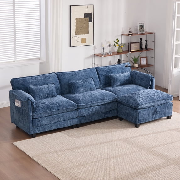 Villeston 112" Oversized L Shaped Sectional Sofa for Living Room, Modern Chenille Comfy Boucle Sleeper with Movable Storage Ottoman, Phone Holder, USB Charging Port,Navy Blue