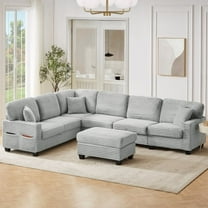 Villeston 125.2" U-shaped Sectional Sofa with a Movable Ottoman and Side Storage Pockets for Living Room, Gray