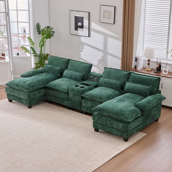 Villeston 126.77" U-Shaped Cloud Sofa With Chaise Lounge, Chenille Sofa With Wireless Charging, Bluetooth Speaker, Two Cup Holders, Storage Drawer, Suitable For Living Room,Green