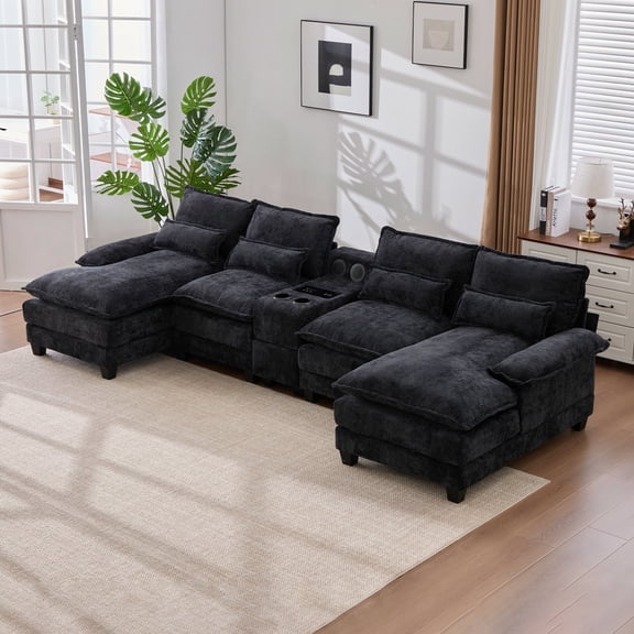Villeston 126.77" U-Shaped Cloud Sofa With Chaise Lounge, Chenille Sofa With Wireless Charging, Bluetooth Speaker, Two Cup Holders, Storage Drawer, Suitable For Living Room,Black