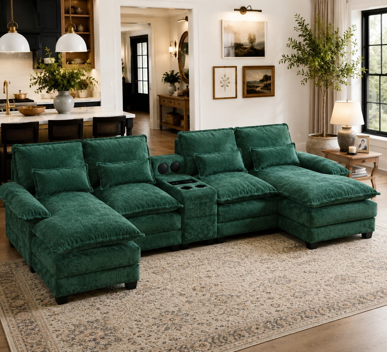 Villeston 126.77" U-Shaped Cloud Sofa With Chaise Lounge, Chenille Sofa With Wireless Charging, Bluetooth Speaker, Two Cup Holders, Storage Drawer, Suitable For Living Room,Green
