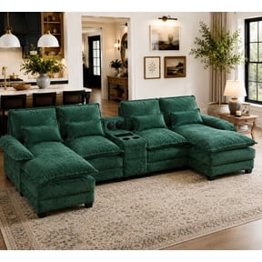Villeston 126.77" U-Shaped Cloud Sofa With Chaise Lounge, Chenille Sofa With Wireless Charging, Bluetooth Speaker, Two Cup Holders, Storage Drawer, Suitable For Living Room,Green