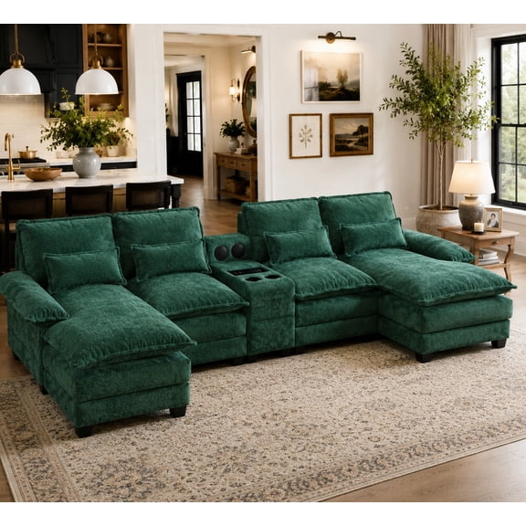 Villeston 126.77" U-Shaped Cloud Sofa With Chaise Lounge, Chenille Sofa With Wireless Charging, Bluetooth Speaker, Two Cup Holders, Storage Drawer, Suitable For Living Room,Green