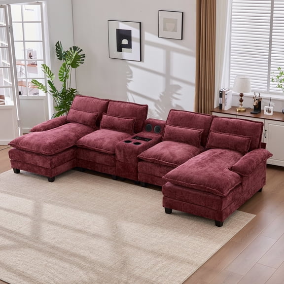 Villeston 126.77" U-Shaped Cloud Sofa With Chaise Lounge, Chenille Sofa With Wireless Charging, Bluetooth Speaker, Two Cup Holders, Storage Drawer, Suitable For Living Room,Wine Red