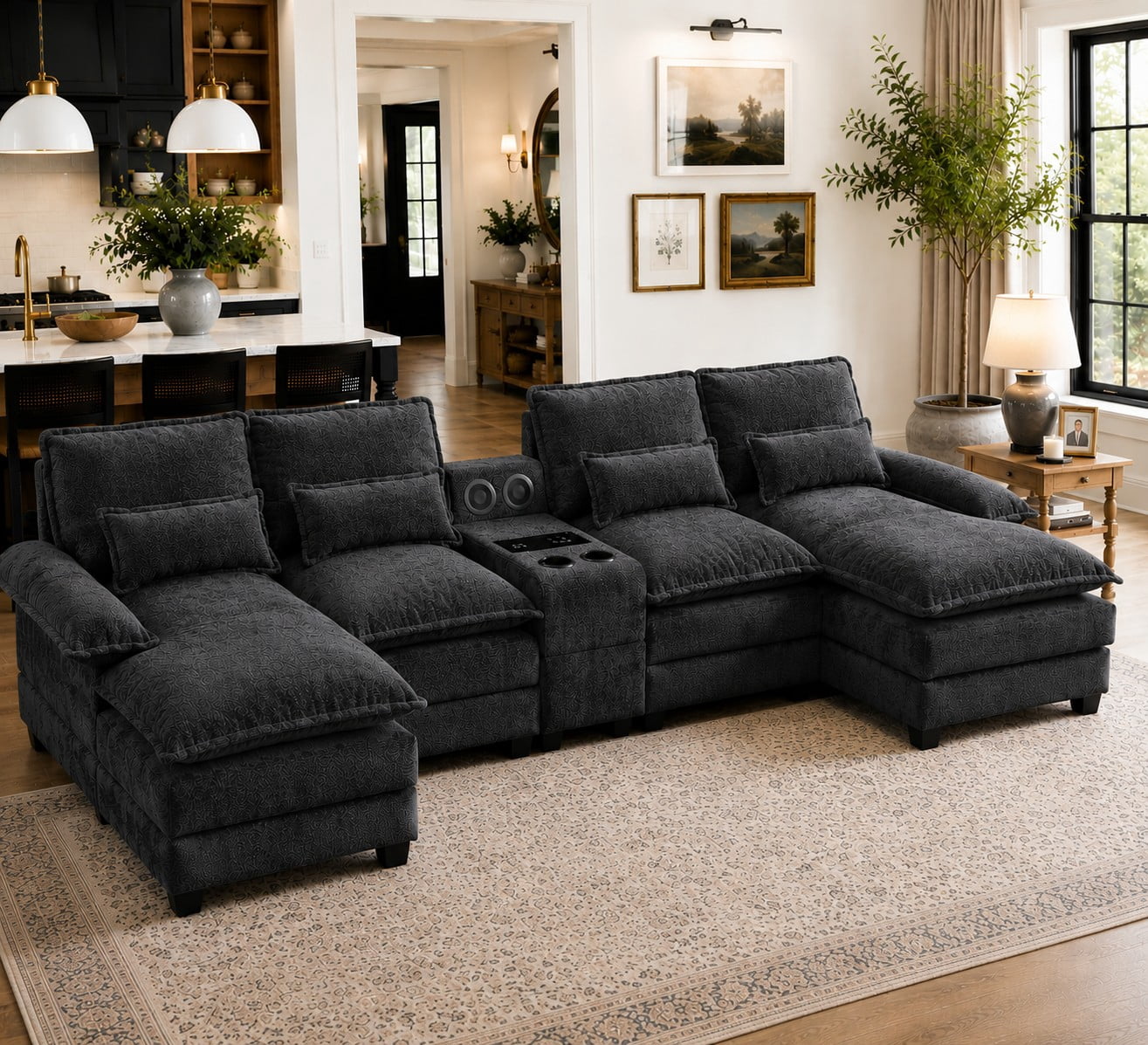 Villeston 126.77" U-Shaped Cloud Sofa With Chaise Lounge, Chenille Sofa With Wireless Charging, Bluetooth Speaker, Two Cup Holders, Storage Drawer, Suitable For Living Room,Black