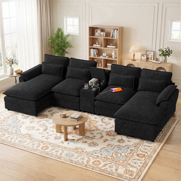 Villeston 129" U-Shaped Cloud Sofa With Chaise Lounge, Chenille Sofa With Wireless Charging, Bluetooth Speaker, Two Cup Holders, Storage Drawer, Suitable For Living Room,Black