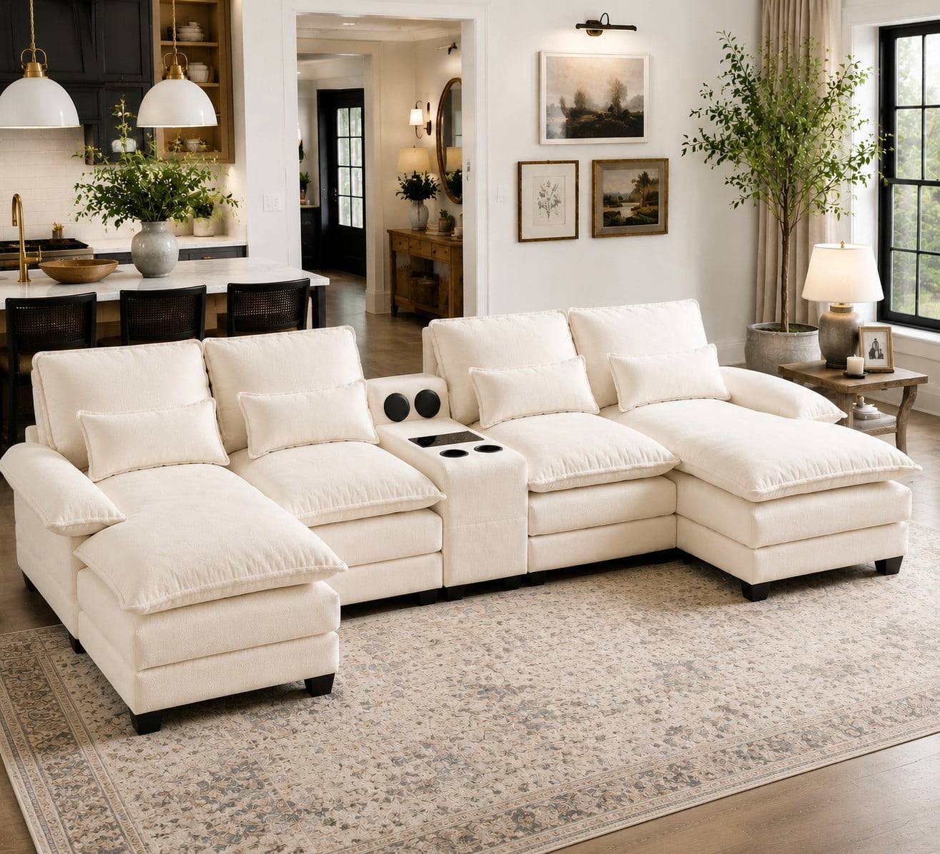 Villeston 126.77" U-Shaped Cloud Sofa With Chaise Lounge, Chenille Sofa With Wireless Charging, Bluetooth Speaker, Two Cup Holders, Storage Drawer, Suitable For Living Room,Beige