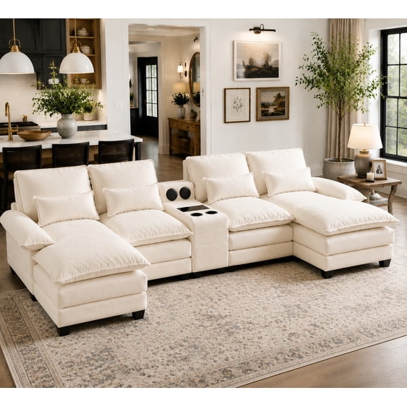 Villeston 126.77" U-Shaped Cloud Sofa With Chaise Lounge, Chenille Sofa With Wireless Charging, Bluetooth Speaker, Two Cup Holders, Storage Drawer, Suitable For Living Room,Beige