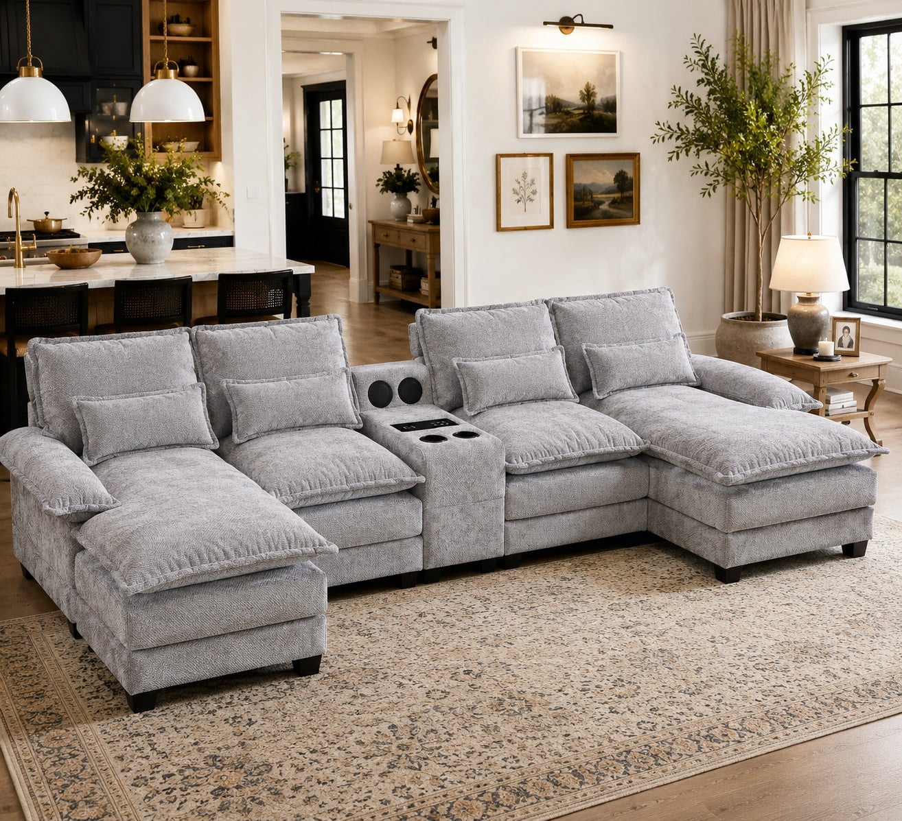 Villeston 126.77" U-Shaped Cloud Sofa With Chaise Lounge, Chenille Sofa With Wireless Charging, Bluetooth Speaker, Two Cup Holders, Storage Drawer, Suitable For Living Room,Gray