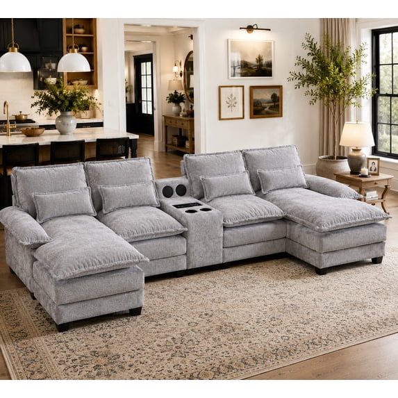 Villeston 126.77" U-Shaped Cloud Sofa With Chaise Lounge, Chenille Sofa With Wireless Charging, Bluetooth Speaker, Two Cup Holders, Storage Drawer, Suitable For Living Room,Gray