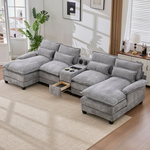 Villeston 126.77" U-Shaped Cloud Sofa With Chaise Lounge, Chenille Sofa With Wireless Charging, Bluetooth Speaker, Two Cup Holders, Storage Drawer, Suitable For Living Room,Gray