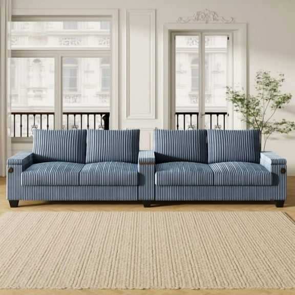 Villeston 133" Corduroy 4-seater Sofa Couch Modern Sofa with USB Ports, Hidden Storage Arms, Flip-Top Cup Holders for Living Room,Blue