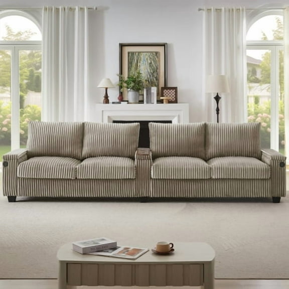 Villeston 133" Corduroy 4-seater Sofa Couch Modern Sofa with USB Ports, Hidden Storage Arms, Flip-Top Cup Holders for Living Room,Brown