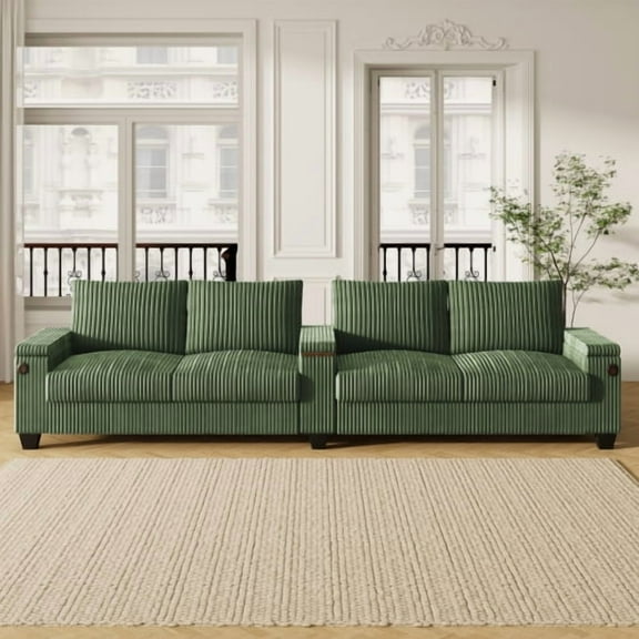 Villeston 133" Corduroy 4-seater Sofa Couch Modern Sofa with USB Ports, Hidden Storage Arms, Flip-Top Cup Holders for Living Room,Green