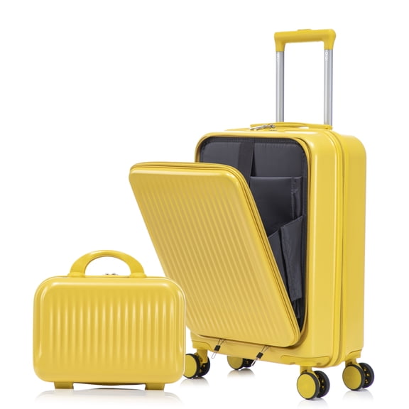 Villeston 14"/20" 2 pcs/set in ABS Spinner Wheel Luggage, with Combination Lock and Front Opening Design, 14" Cosmetic Case,Yellow