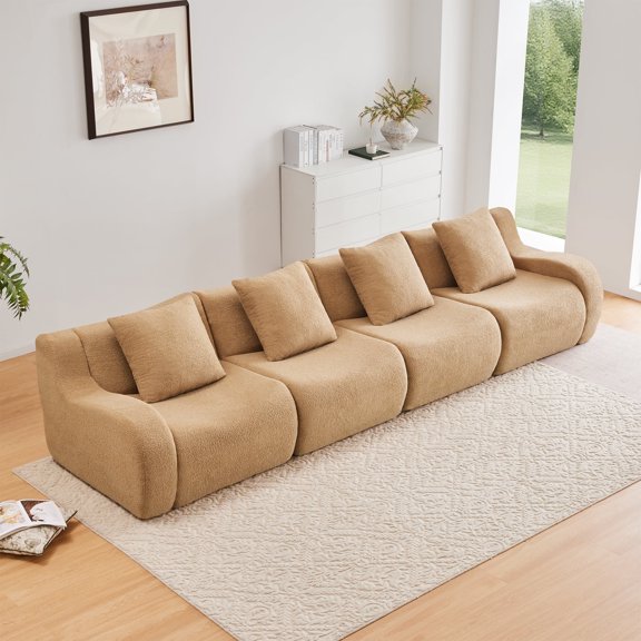 Villeston 148" Oversized Modular Sectional Sofa Plush Teddy Fabric Boneless Sofa for Living Room Furniture (Camel, 4 Seater)