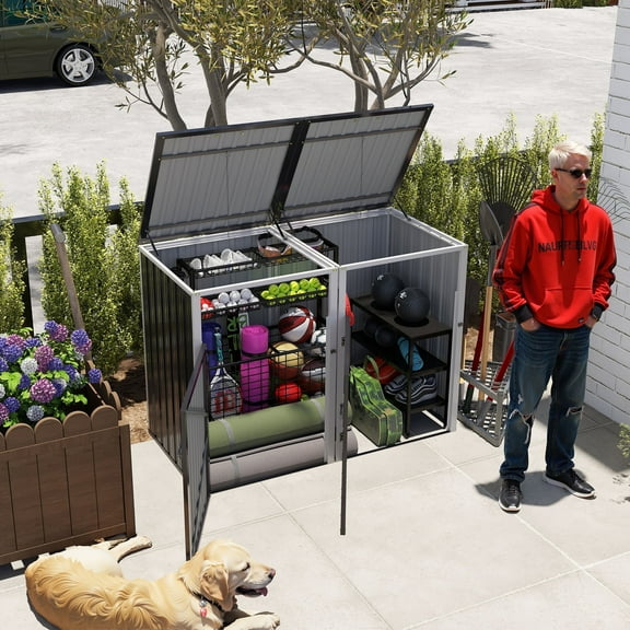 Villeston 2 Trash Cans Metal Outdoor Storage, Garbage Bin Storage Shed with Chain Lid, Garbage Can Metal Sheds for Garden, Backyard, Lawn and Patio，Dark Gray