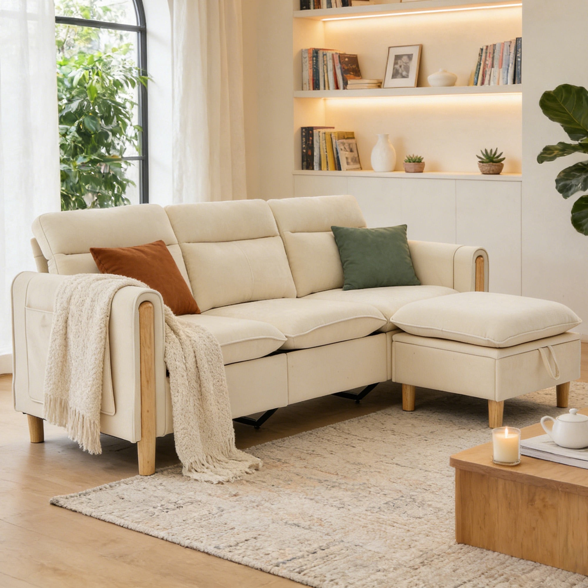 Villeston 3-Seat Sectional Sofa with 1 Ottomans,L Shaped Sofa Couch with Storage Ottomans and Side Pockets, Oversized Modern Chenille Sofa Couch for Living Room,Beige
