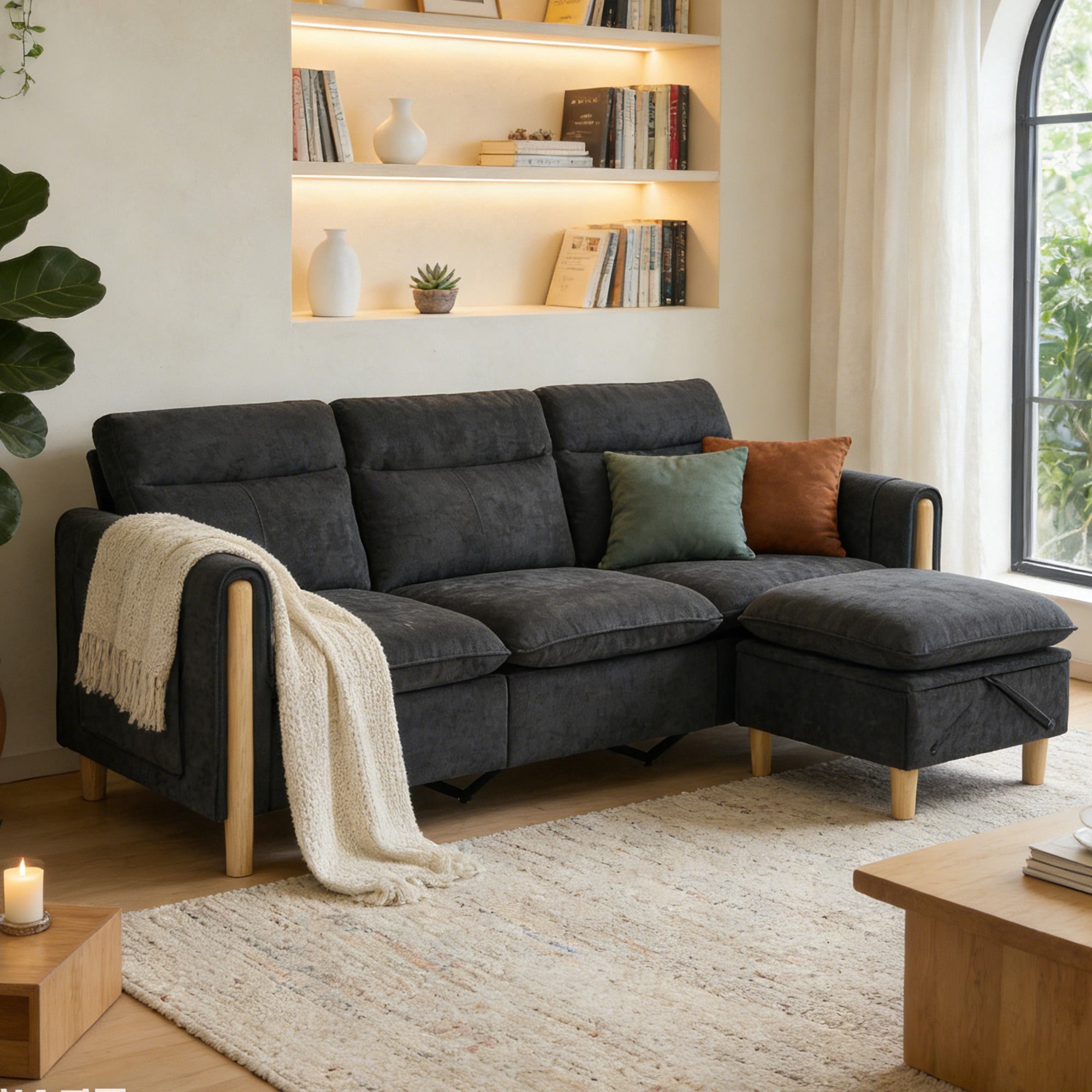 Villeston 3-Seat Sectional Sofa with 1 Ottomans,L Shaped Sofa Couch with Storage Ottomans and Side Pockets, Oversized Modern Chenille Sofa Couch for Living Room,Black