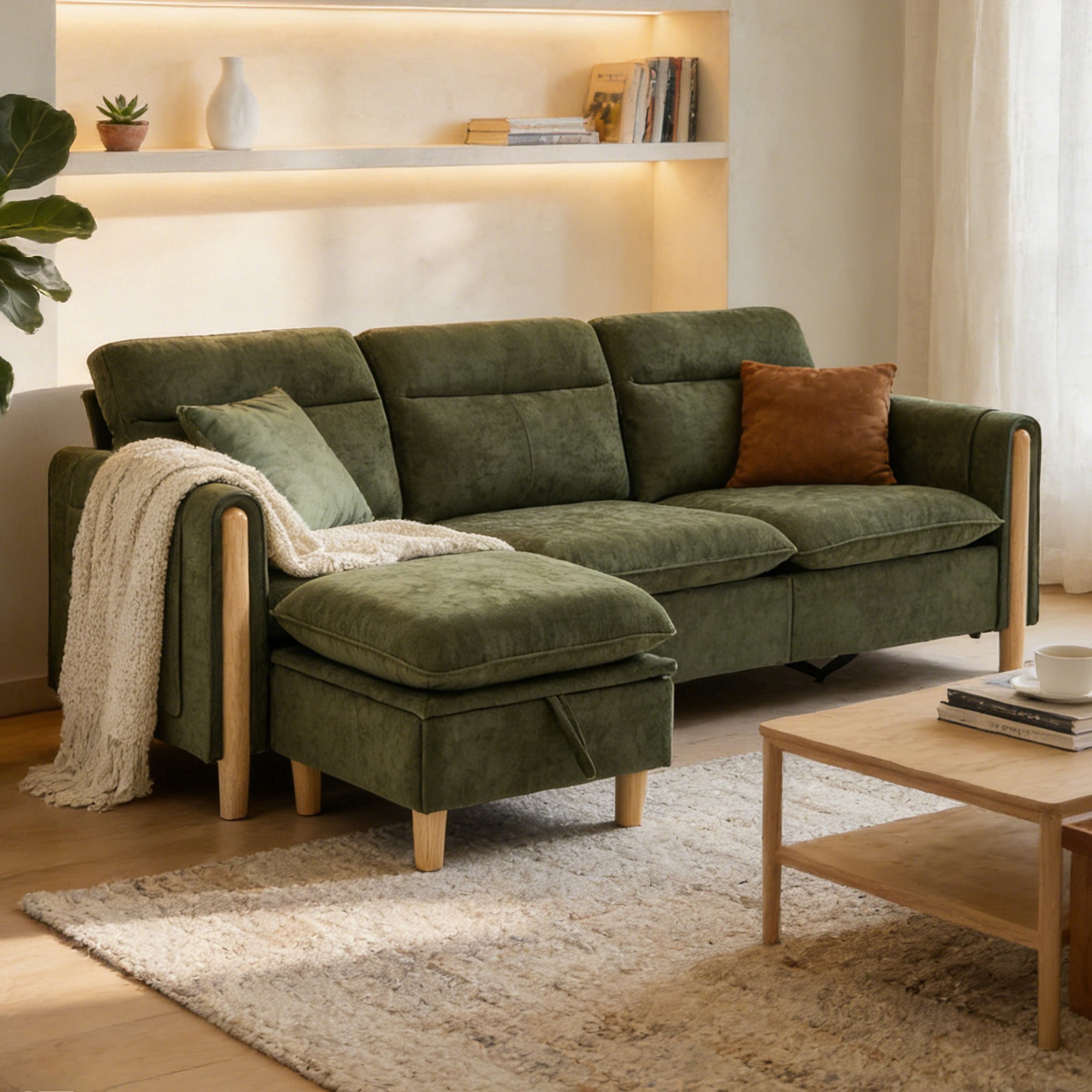 Villeston 3-Seat Sectional Sofa with 1 Ottomans,L Shaped Sofa Couch with Storage Ottomans and Side Pockets, Oversized Modern Chenille Sofa Couch for Living Room,Olive