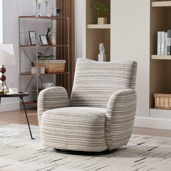 Villeston 360° Fabric Striped Swivel Accent Chair with Sand-Rimmed Fabric and Metal Bracket, Suitable for Living Room, Balcony and Bedroom,Khaki