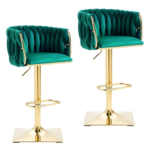 Villeston 360°Swivel Bar Stools Velvet Upholstered Adjustable Bar Chairs Set of 2 with Back & Footrest for Home and Kitchen,Emerald
