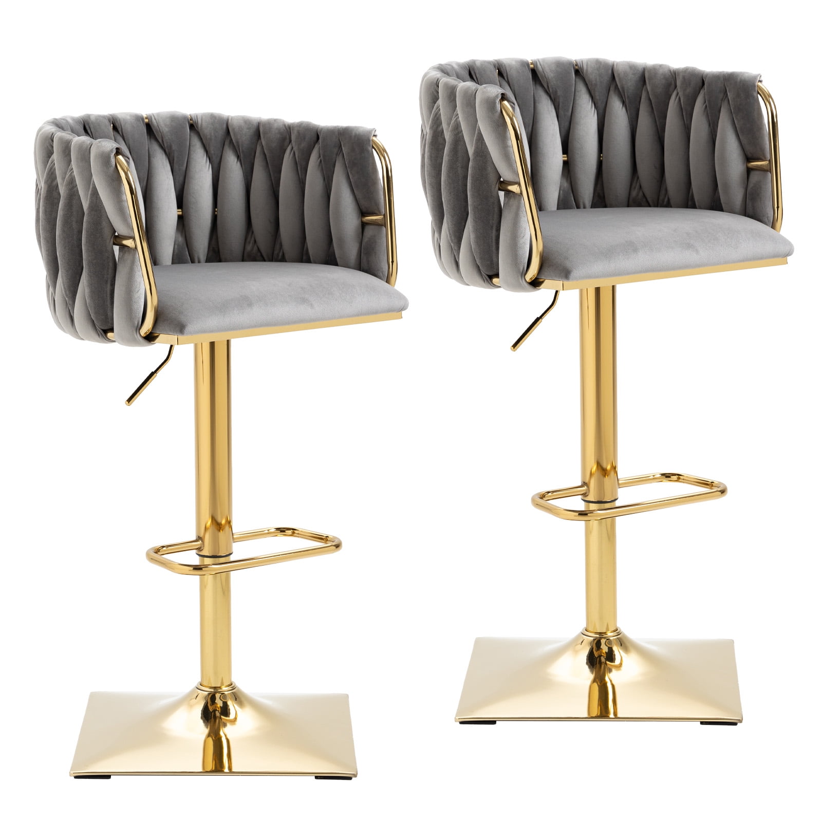 Villeston 360°Swivel Bar Stools Velvet Upholstered Adjustable Bar Chairs Set of 2 with Back & Footrest for Home and Kitchen,Gray