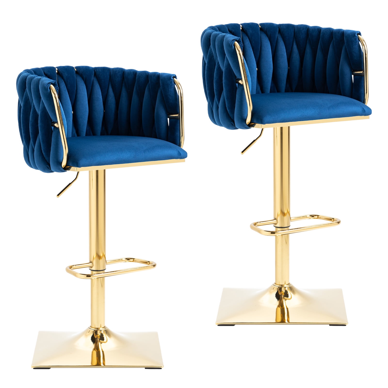Villeston 360°Swivel Bar Stools Velvet Upholstered Adjustable Bar Chairs Set of 2 with Back & Footrest for Home and Kitchen,Navy Blue