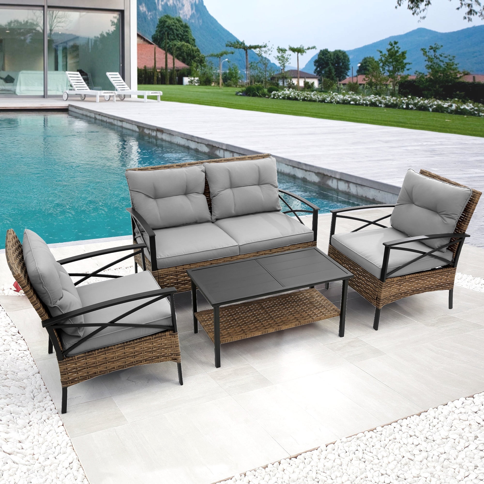 Villeston 4 Piece Wicker Conversation Sets, Ratten Sofa and Table for Balcony Porch Outside Backyard Garden, Grey - Walmart.com