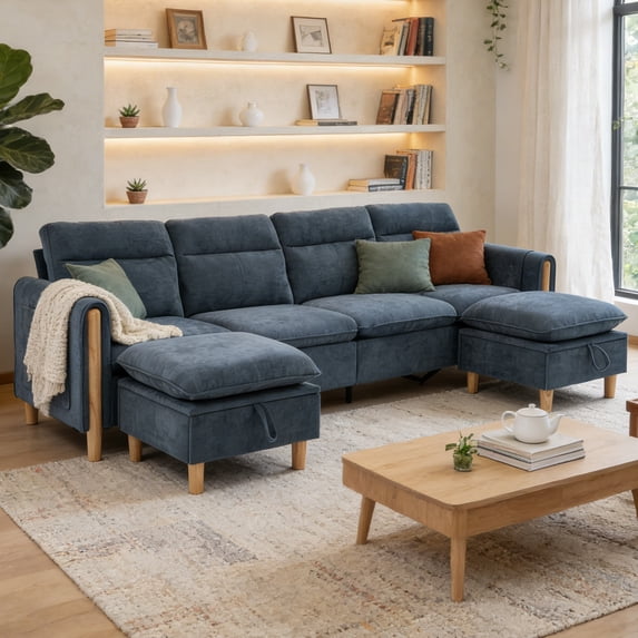 Villeston 4-Seat Sectional Sofa with 2 Ottomans,U Shaped Sofa Couch with Storage Ottomans and Side Pockets, Oversized Modern Chenille Sofa Couch for Living Room,Blue