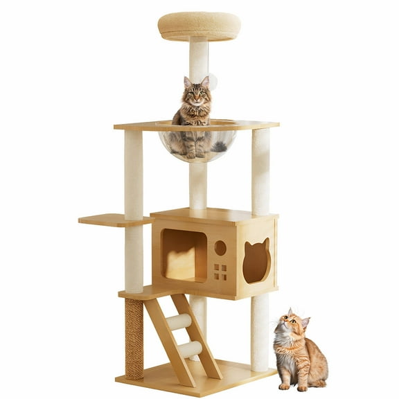 Villeston 48" Wood Cat Tree Tower for Indoor Cats with Sisal-Covered Scratching Posts and Top Perch, Cat Condo with Acrylic Hammock for Small Large Cats