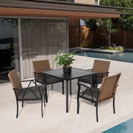 Villeston 5-Piece Wicker Outdoor Patio Set, with Square Steel Tabletop and 4 Chair for Backyard