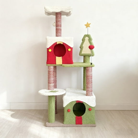 Villeston 54" Large Cat Tree and Tower, Christmas Condo House with Stair & Scratching Posts for Indoor Cat, Red & Green