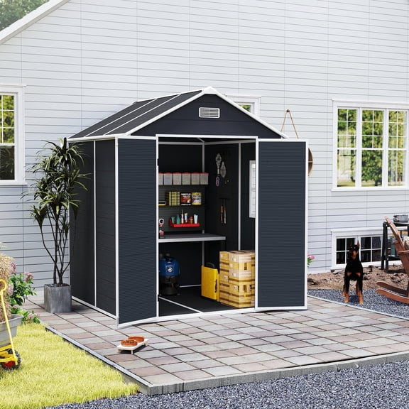 Villeston 6*6FT Resin Storage Shed with Double Windows and Double Doors, Plastic Shed with Floor for Garden, Patio, Lawn (Dark Gray)