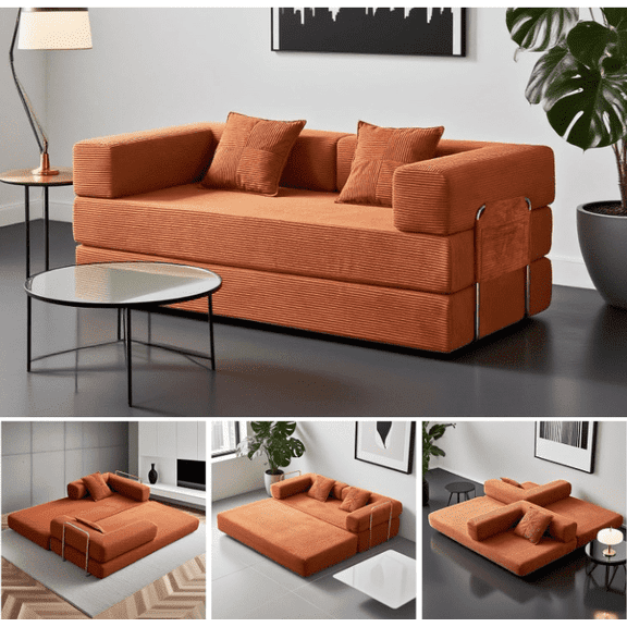 Villeston 79" Convertible Sofa Bed King Size, Corduroy Boneless Sofa with 2 Pillows, Sleeper Sofa Bed, Removable Floor Couch,Orange