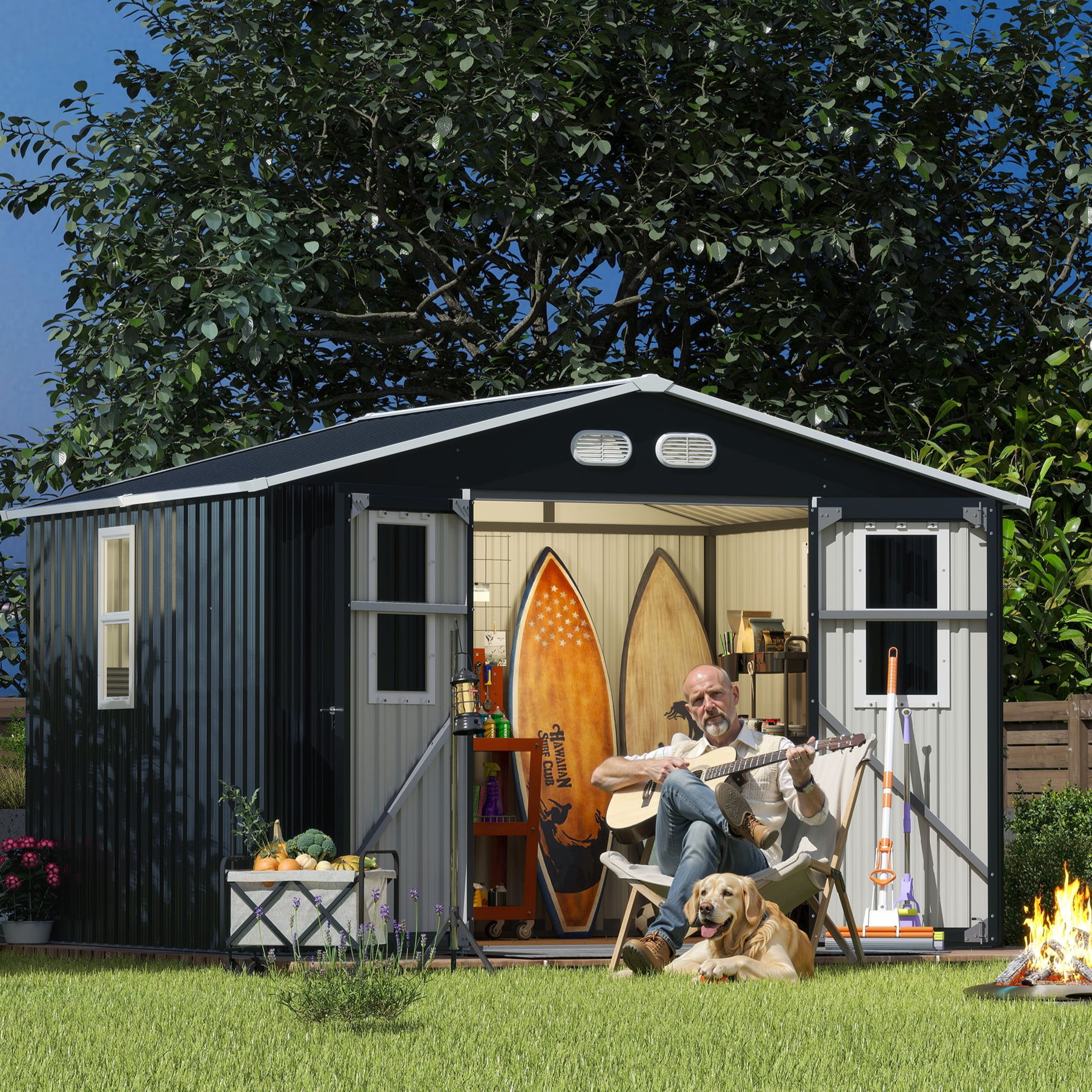 Villeston 8x10 Outdoor Storage Shed with four daylight Windows Lockable Doors,Dark Gray