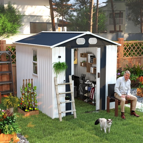 Villeston 8x6 FT Outdoor Storage Shed, Metal Tool Shed & Outdoor Storage with Lockable Doors & Air Vents for Backyard, Garden, or Patio,White