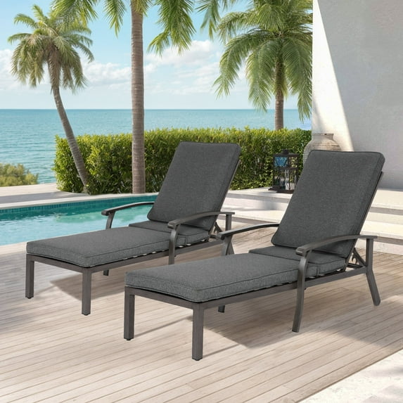 Villeston Outdoor Lounge Chaise Set of 2, Cast Aluminum Patio with, Waterproof Cushions & Wheels for Backyard,Gray
