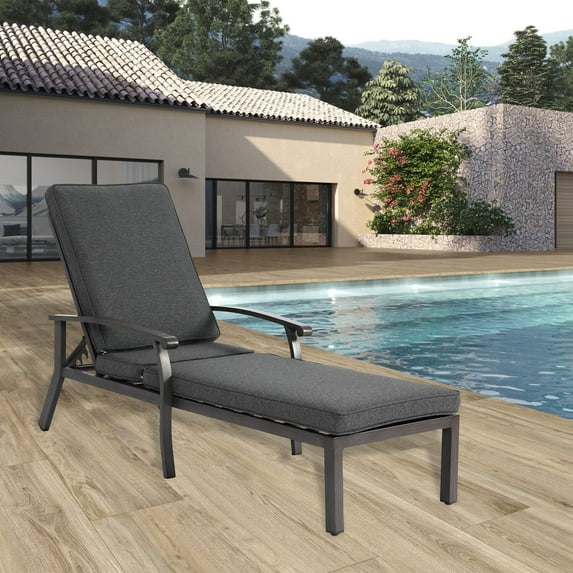 Villeston Outdoor Lounge Chaise, Cast Aluminum,with Wheels and Adjustable,for Patio Backyard,Gray Cushions,Gray