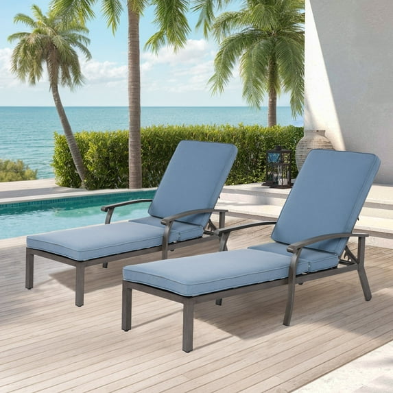Villeston Outdoor Lounge Chaise Set of 2, Cast Aluminum Patio with, Waterproof Cushions & Wheels for Backyard,Blue