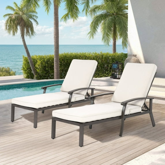 Villeston Outdoor Lounge Chaise Set of 2, Cast Aluminum Patio with, Waterproof Cushions & Wheels for Backyard Beige