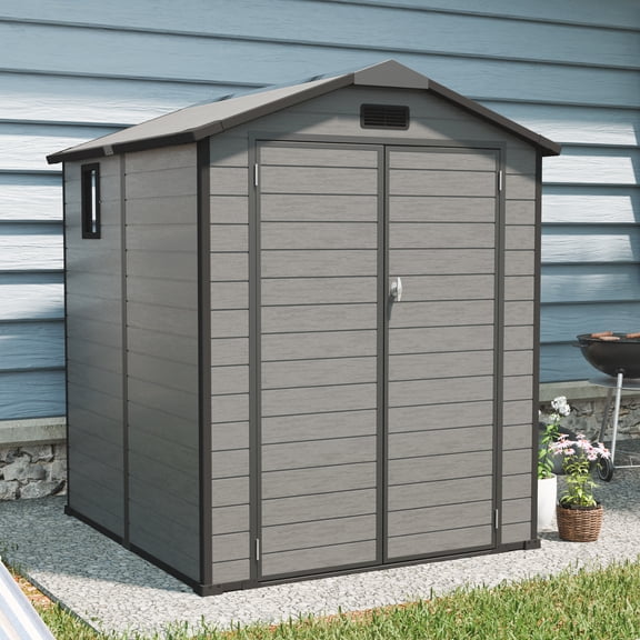 Villeston 6*6ft Resin Storage Shed with Lockable Doors, Air Ventilation Design - Outdoor Utility Shed for Garden, Backyard, Patio, and Lawn Tools