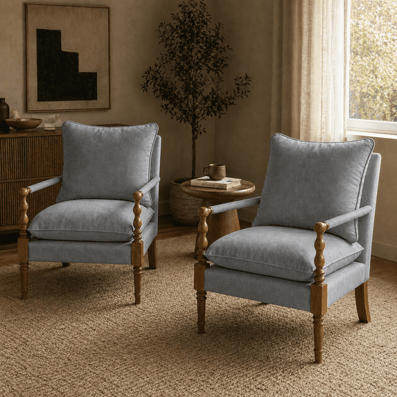 Villeston Chenille Accent Chairs(Set of 2), Solid Wood Armrests Armchairs with Comfortable Cushions and Lumbar,Light Gray
