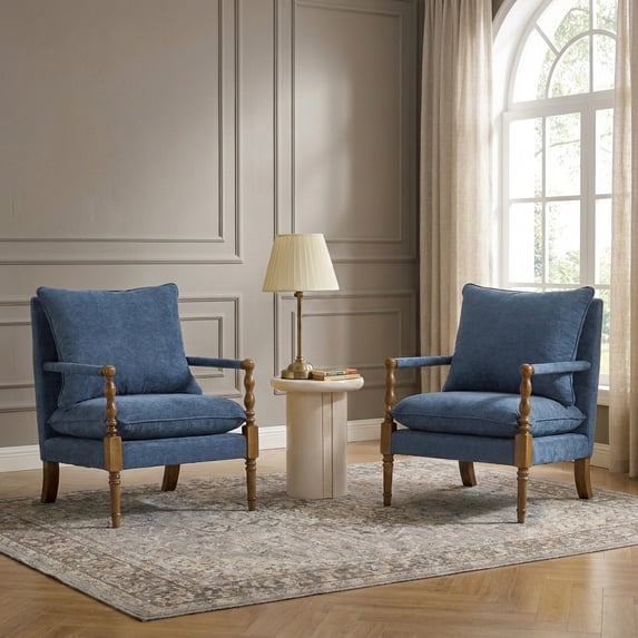 Villeston Chenille Accent Chairs Set of 2, Solid Wood Armrests Armchairs with Comfortable Cushions and Lumbar,Navy Blue